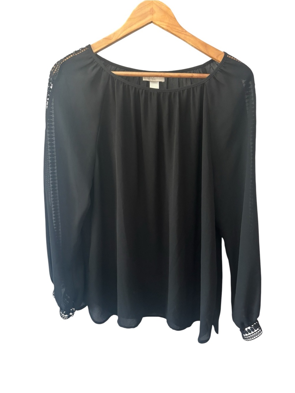 LOFT Black Long-Sleeve Sheer-Panel Blouse Eyelet Detail Womens Size Large
